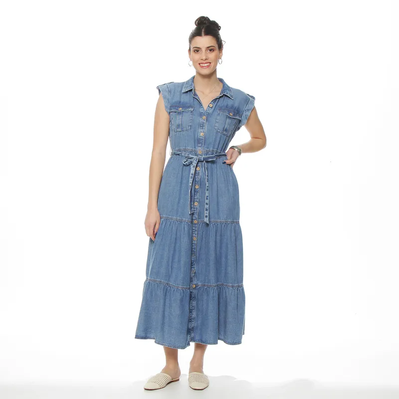 WADOS - VESTIDO DENIM CAMISERO MANGA CORTA ABOTONADO EN DELANTERO CON LAZO