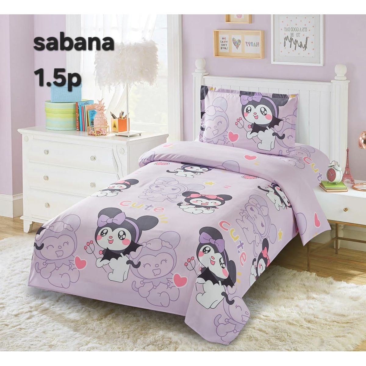 GENERICO - JUEGO DE SABANAS 3 PIEZA CON DISEÑO INFANTIL LILA 1.5 PLAZA TF