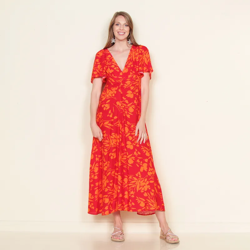 WADOS - VESTIDO ESTAMPADO MANGA CORTA ESCOTE V