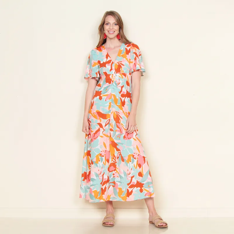WADOS - VESTIDO ESTAMPADO MANGA CORTA ESCOTE V
