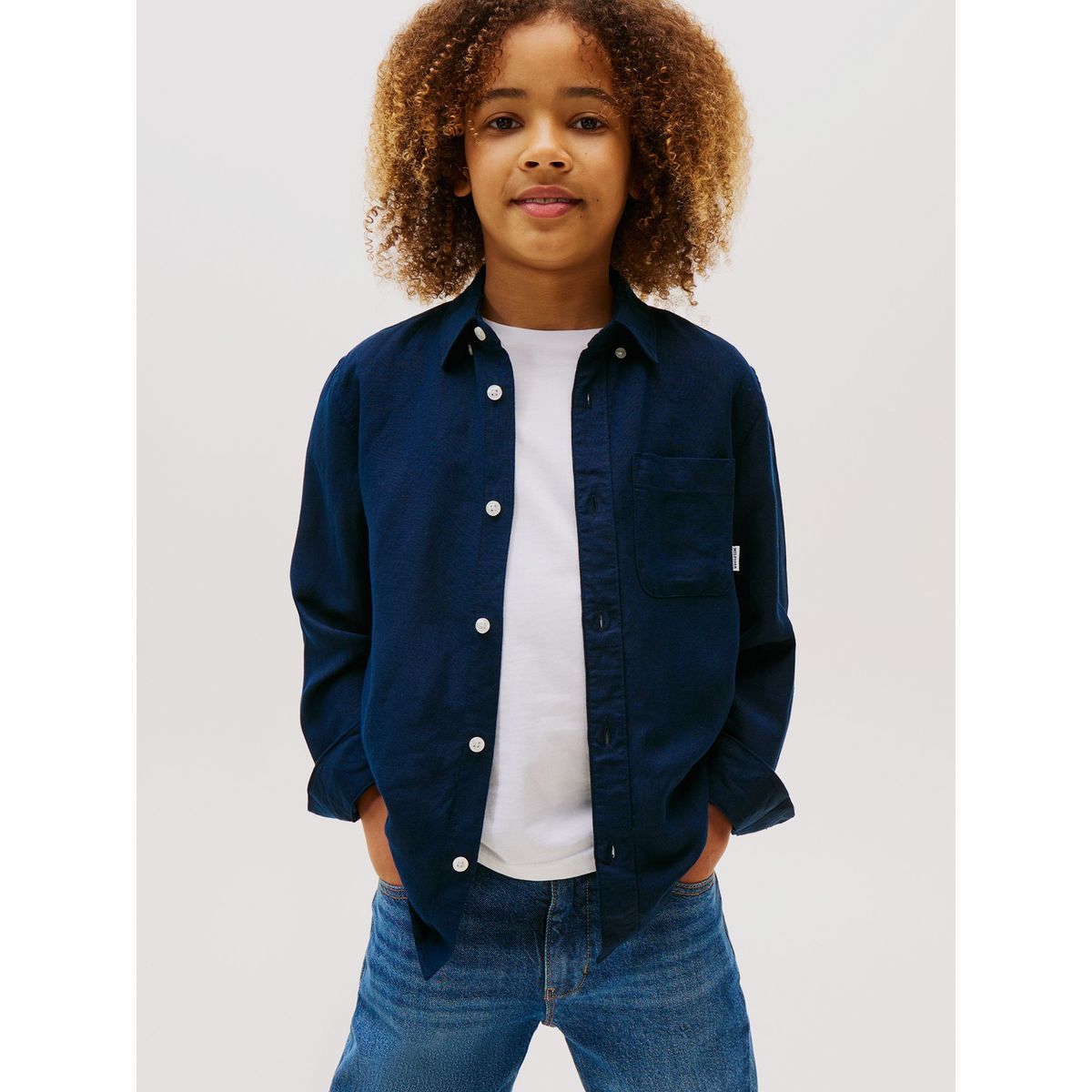 TOMMY HILFIGER - Camisa Regular Niño Mezcla Lino Azul Tommy Hilfiger