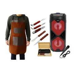 POWER FORCE - Combo Set Parrillero con Mandil de Cuero + Parlante Bluetooth Karaoke