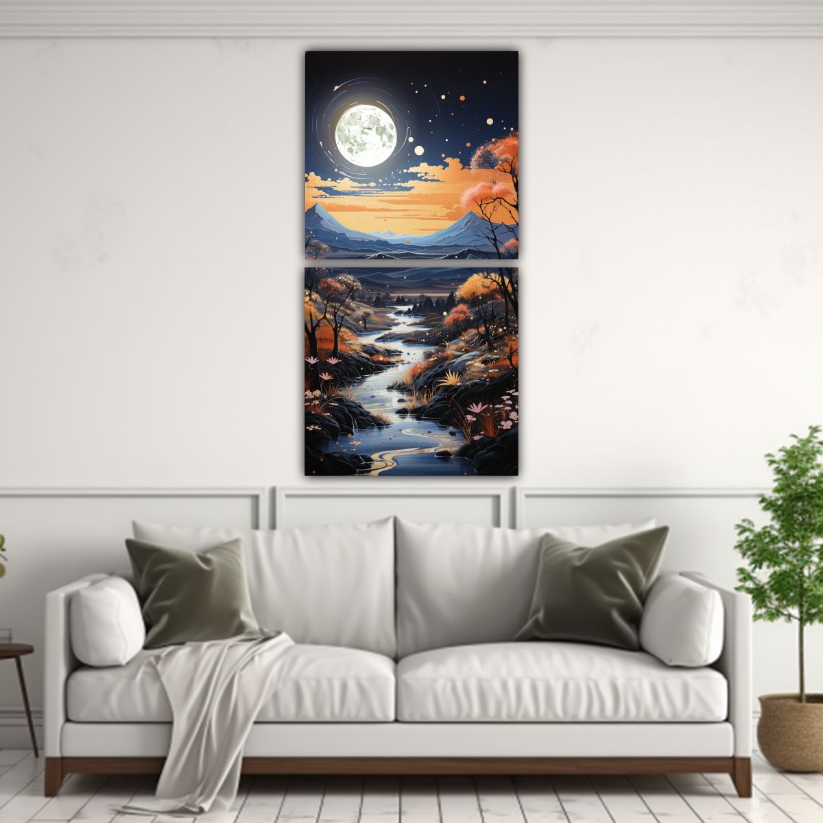 GENERICO - Pintura Lienzos Abstractos Con Luna Y Montañas 30x60 Cm