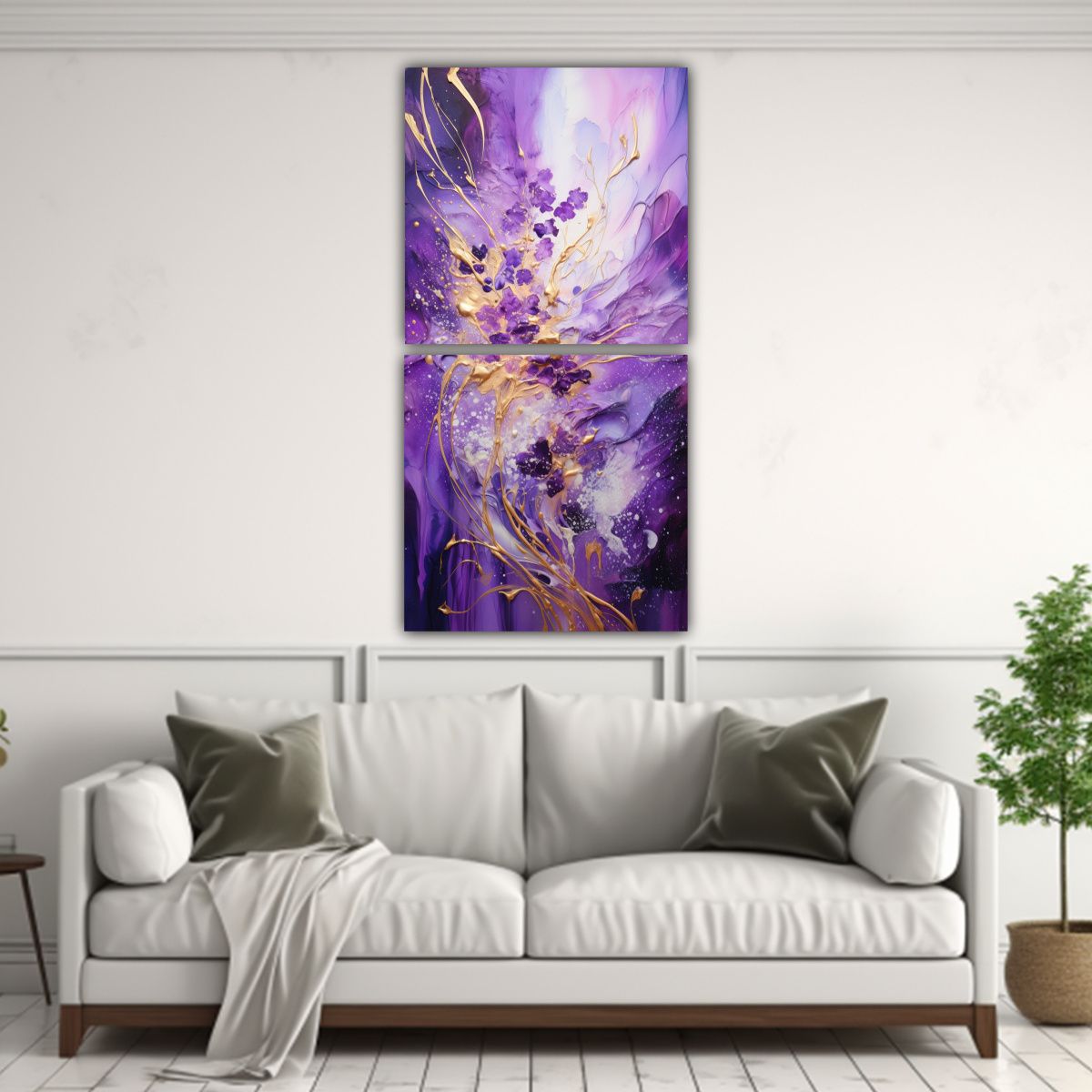 GENERICO - Cuadro Estilo Galería En Morado Y Dorado Set De 60x120 Cm