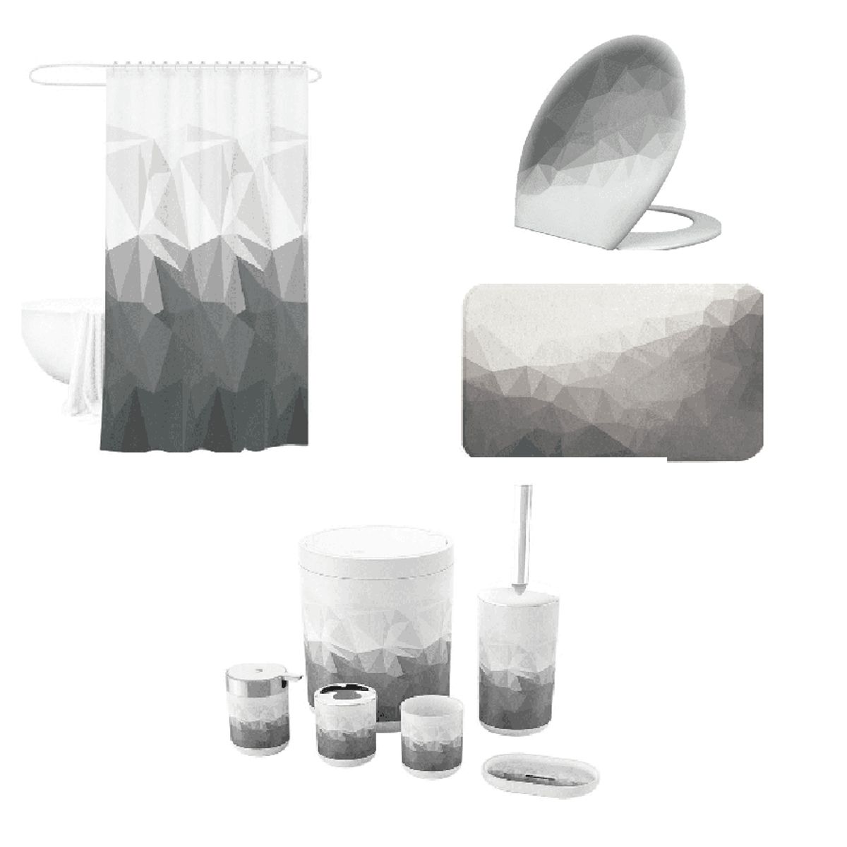 BJ HOGAR - Set de Baño 9 piezas Cortina, Alfombra, Tapa, Organizador Gris