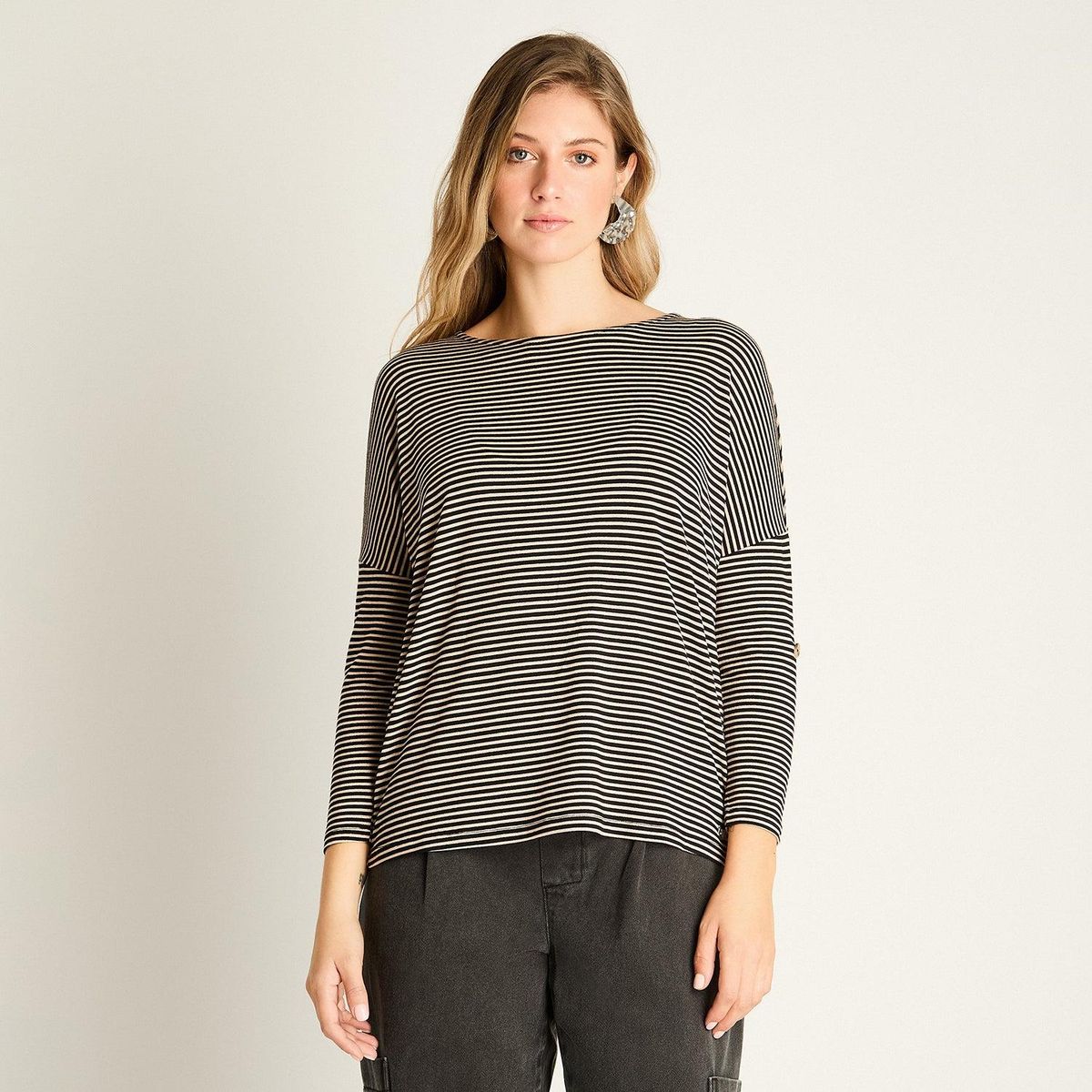 LORENZO DI PONTTI - Polera Camel a Rayas Manga Larga