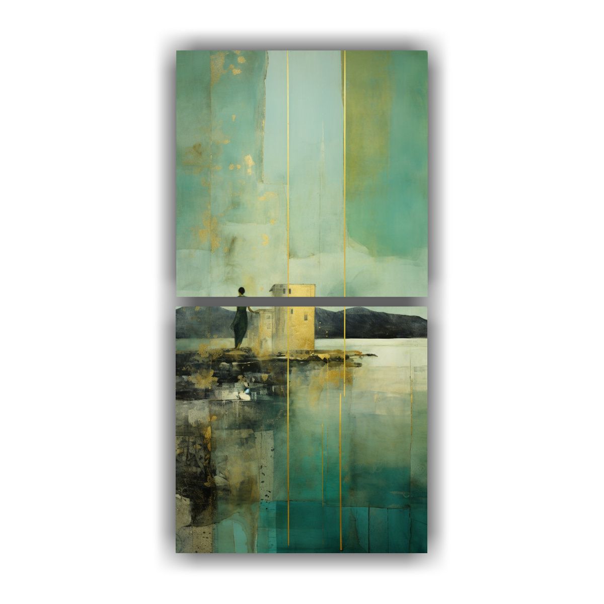 GENERICO - Cuadro Moderno Escena En Verde Y Dorado Pintura 50x100 Cm