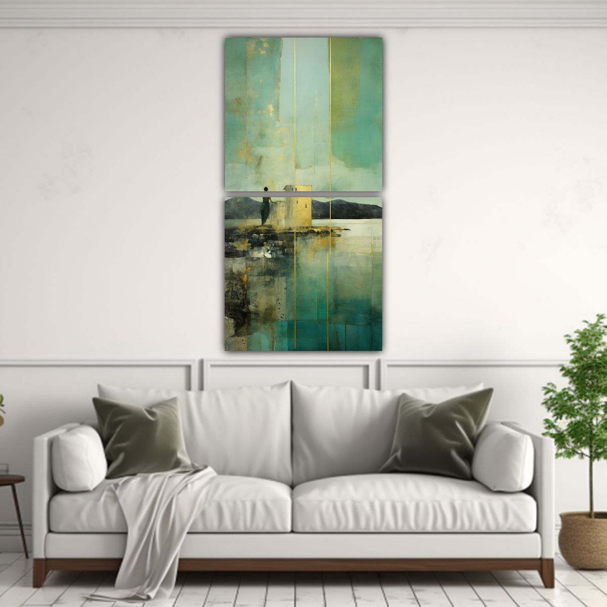 GENERICO - Cuadro Moderno Escena En Verde Y Dorado Pintura 50x100 Cm