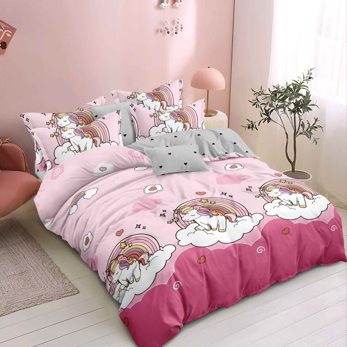 GENERICO - JUEGO DE SABANAS 3 PIEZA CON DISEÑO ROSA UNICORNIO 1.5 PLAZA TF