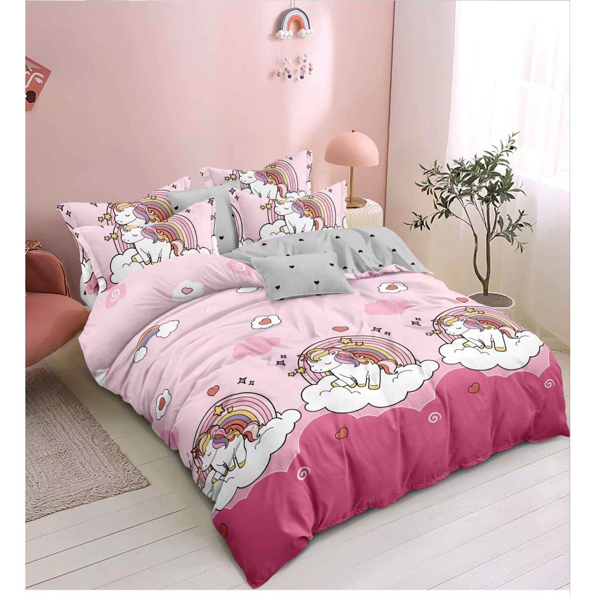 GENERICO - JUEGO DE SABANAS 3 PIEZA CON DISEÑO ROSA UNICORNIO 1.5 PLAZA TF