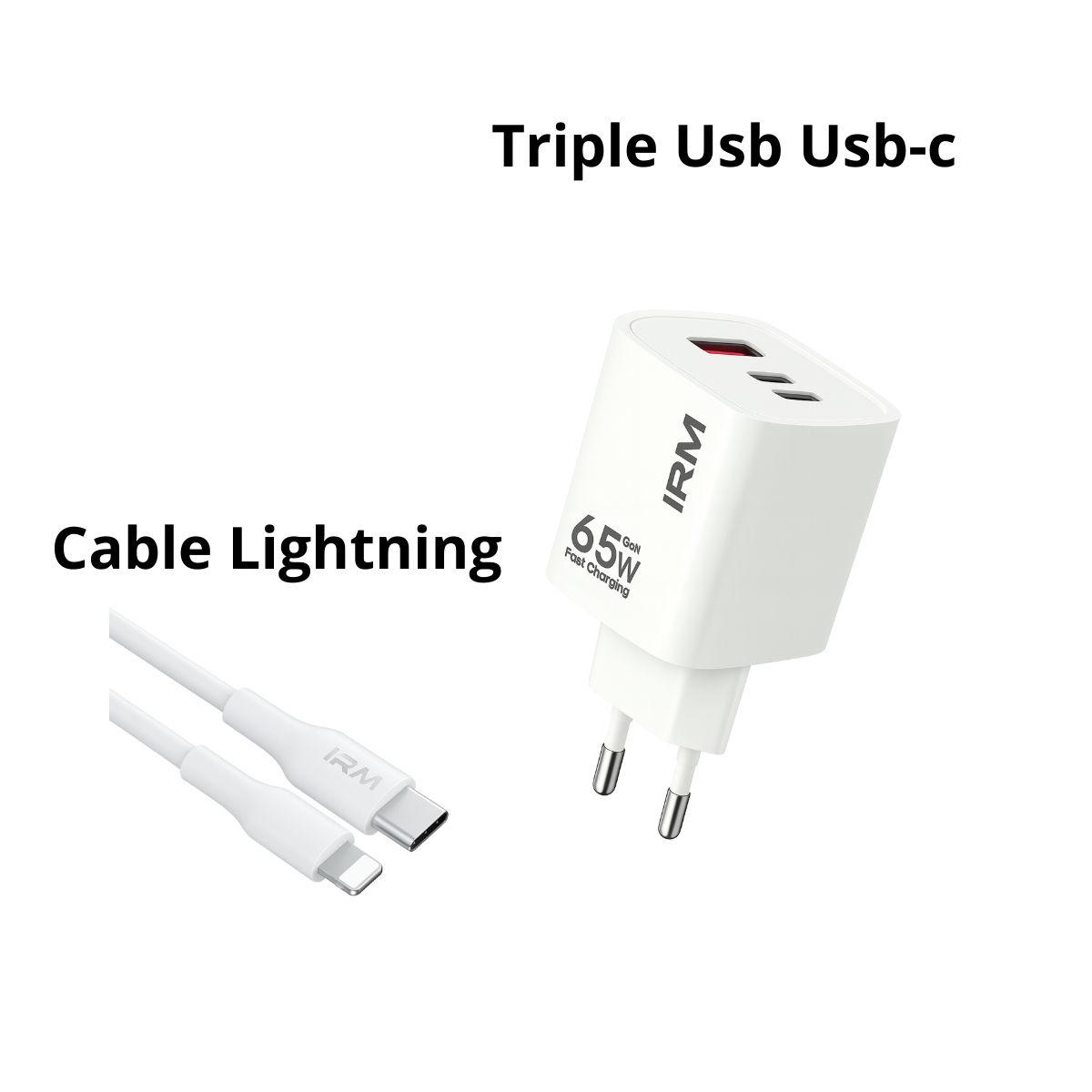 IRM - Cargador Carga Rápida 65w Triple Usb Usb-c +cable Lightning