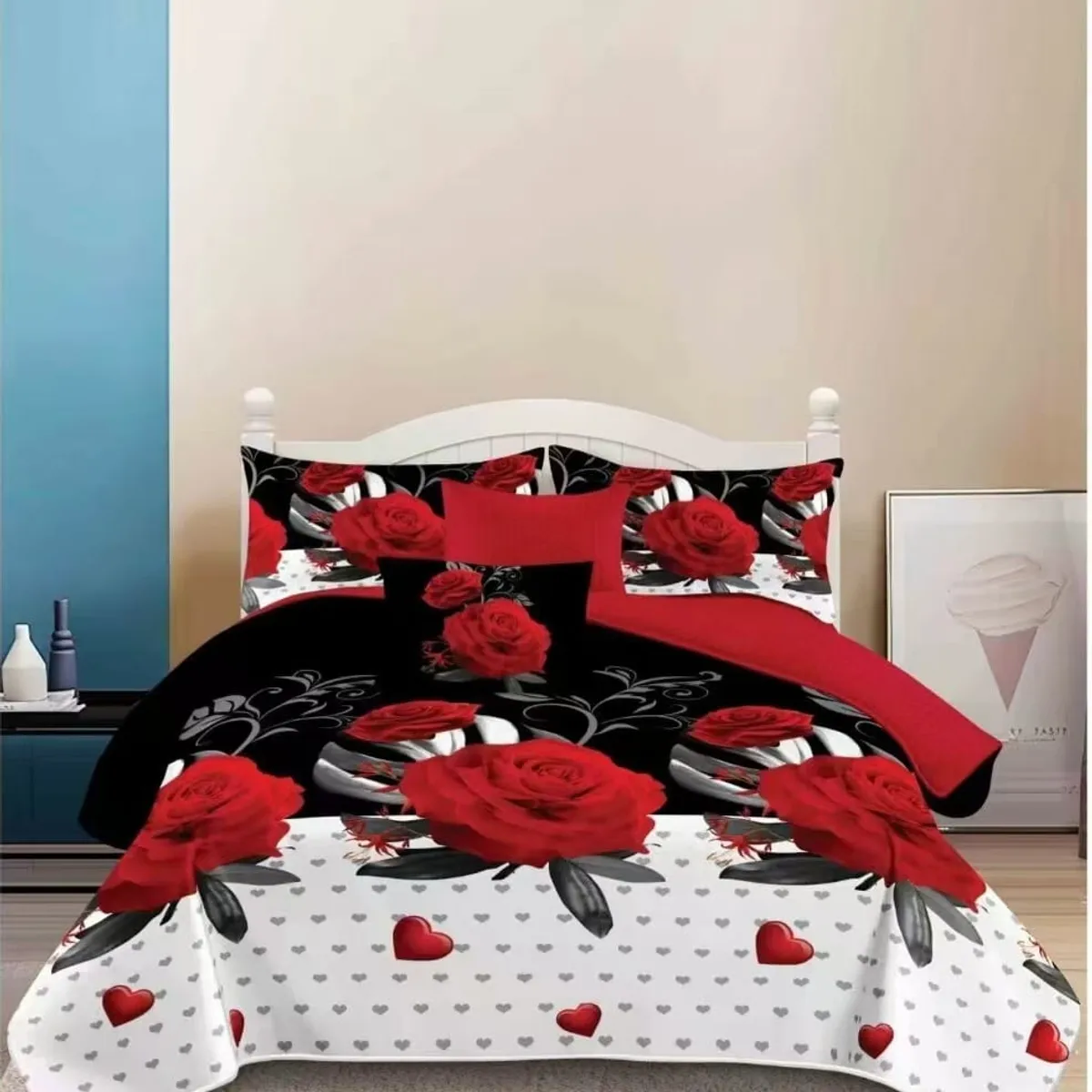GENERICO - JUEGO DE SABANAS 3 PIEZA CON DISEÑO NEGRO ROSA ROJA 1.5 PLAZA TF