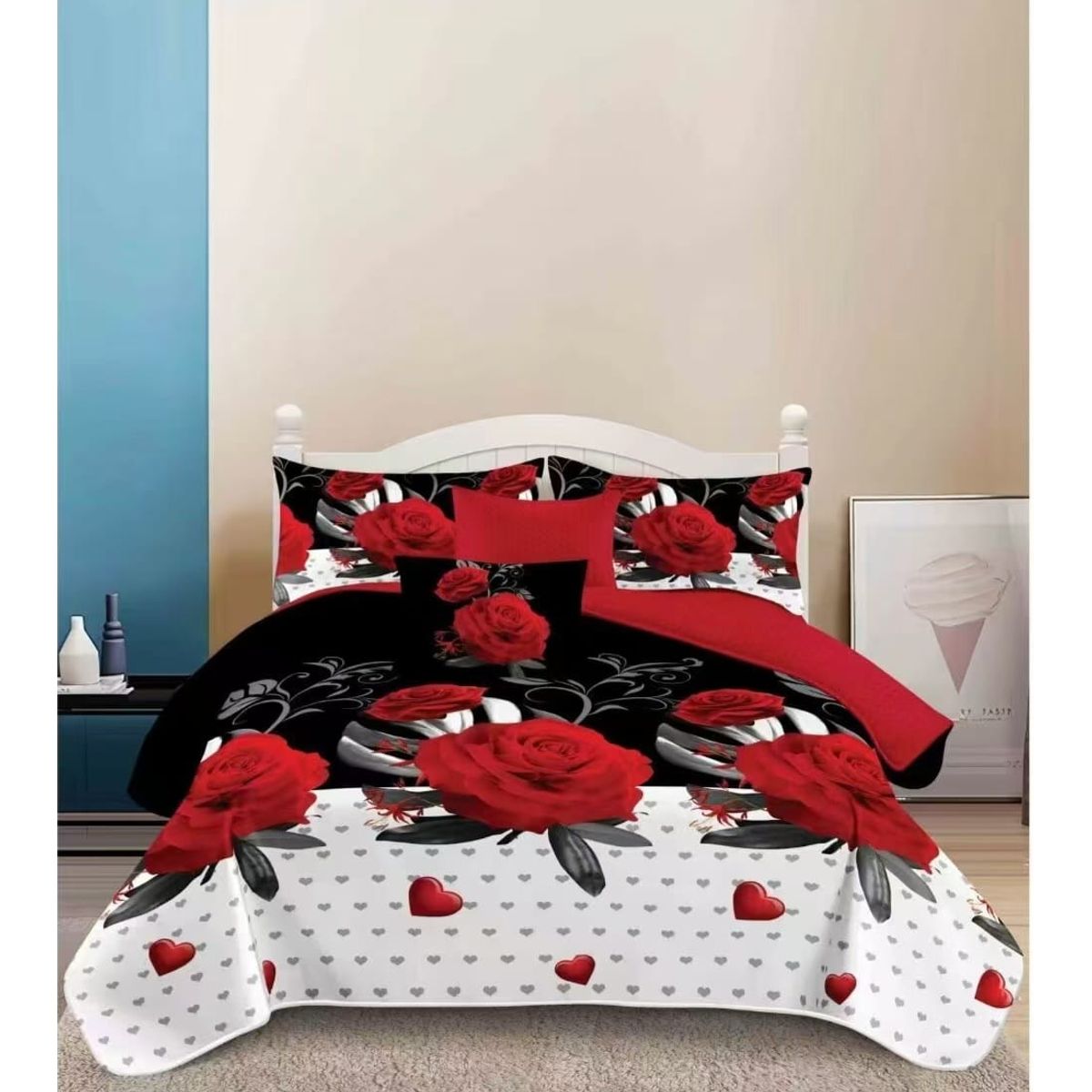 GENERICO - JUEGO DE SABANAS 3 PIEZA CON DISEÑO NEGRO ROSA ROJA 1.5 PLAZA TF