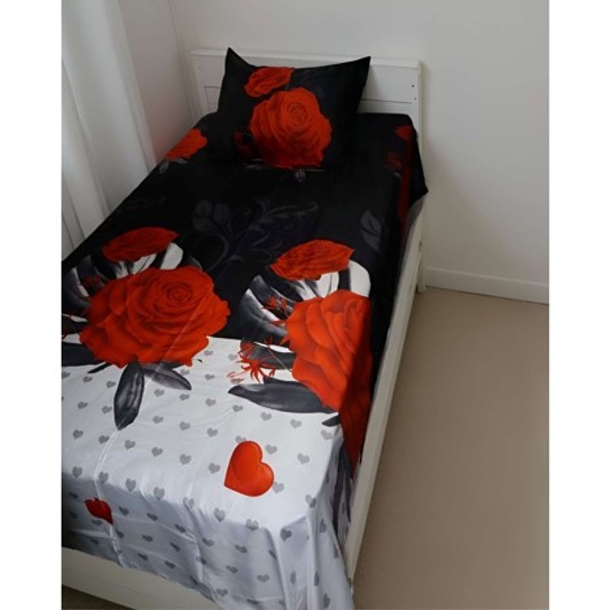 GENERICO - JUEGO DE SABANAS 3 PIEZA CON DISEÑO NEGRO ROSA ROJA 1.5 PLAZA TF