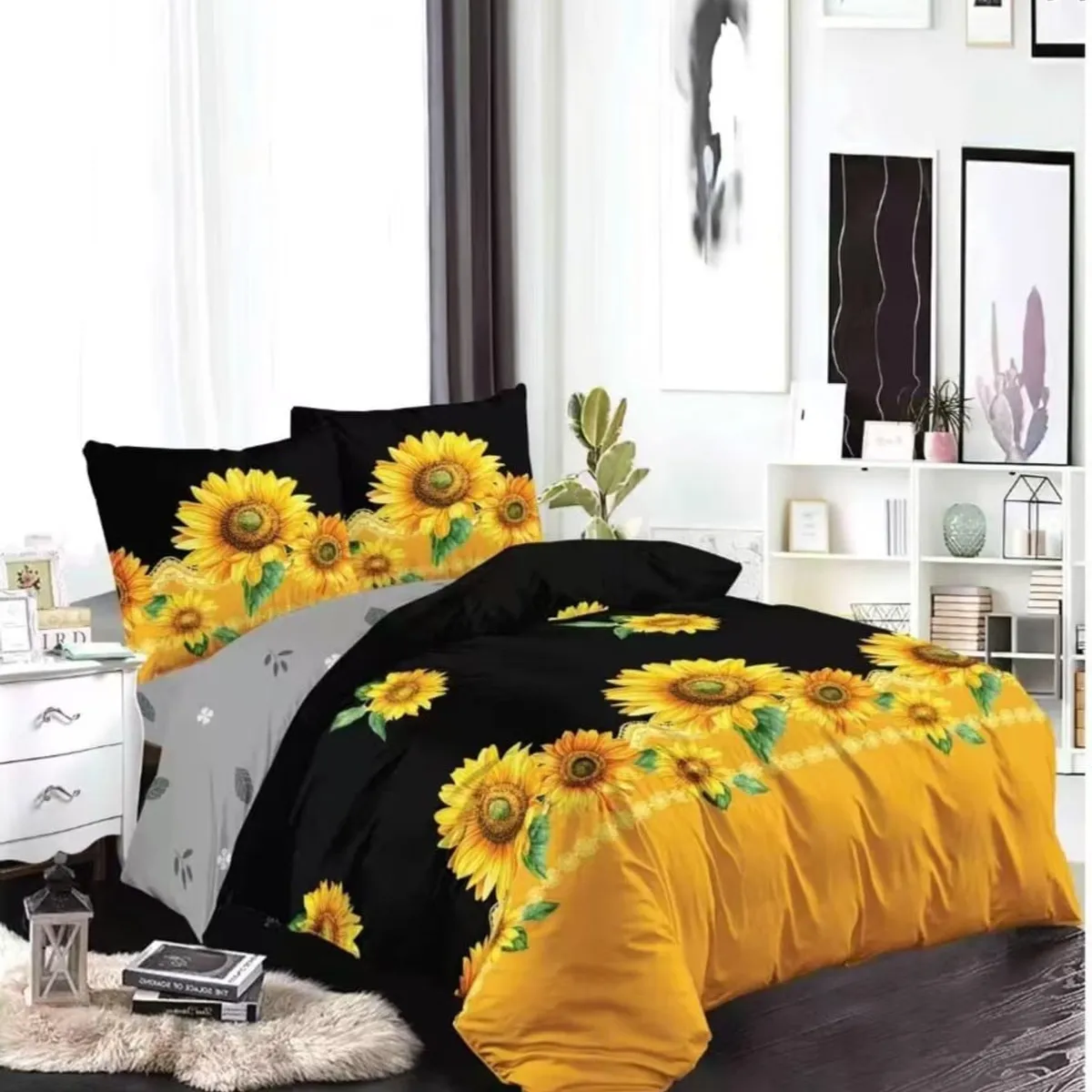 GENERICO - JUEGO DE SABANAS 3 PIEZA CON DISEÑO NEGRO GIRASOLES 1.5 PLAZA TF
