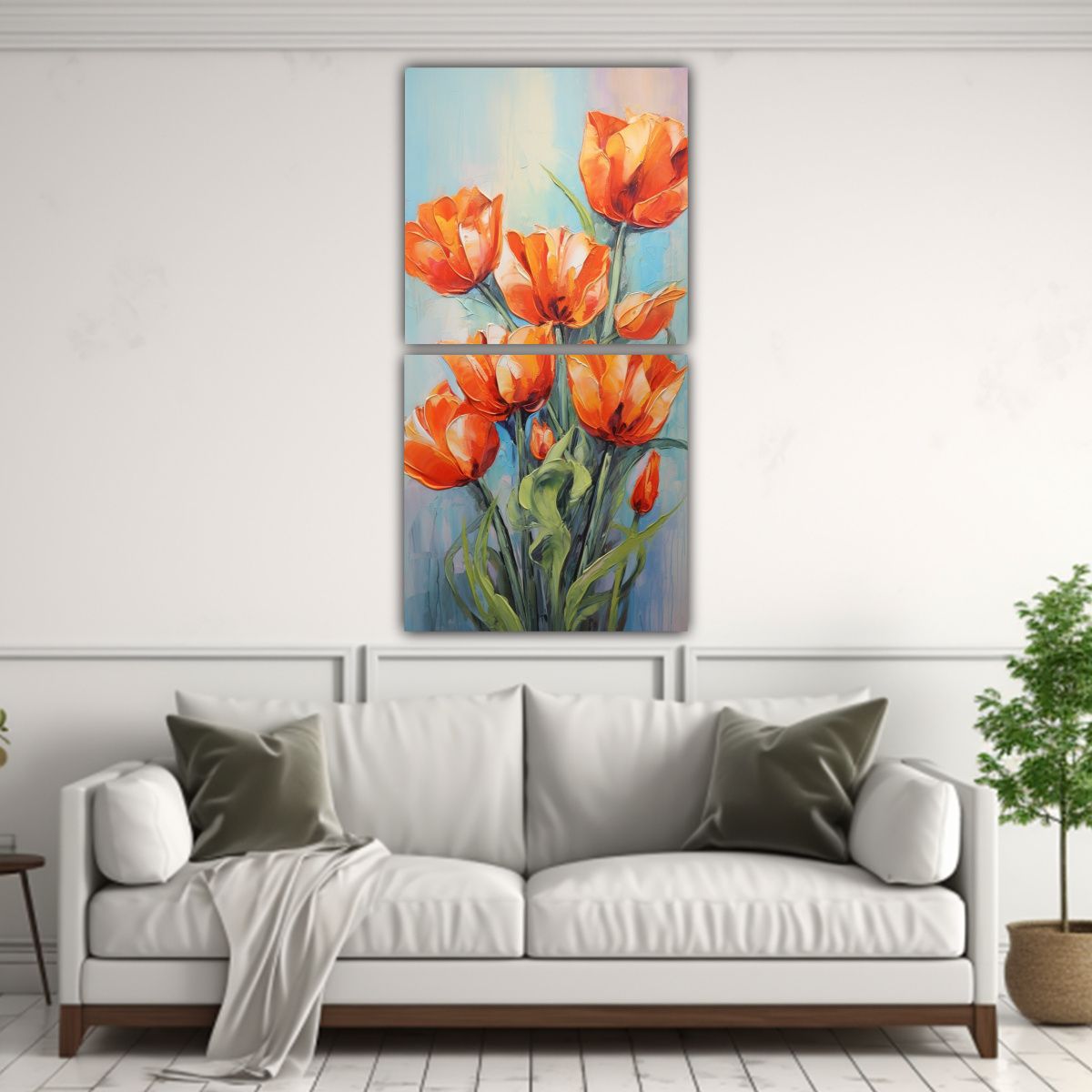 GENERICO - Cuadro De Tulipanes Naranjas En Tela Estilo 20x40 Cm