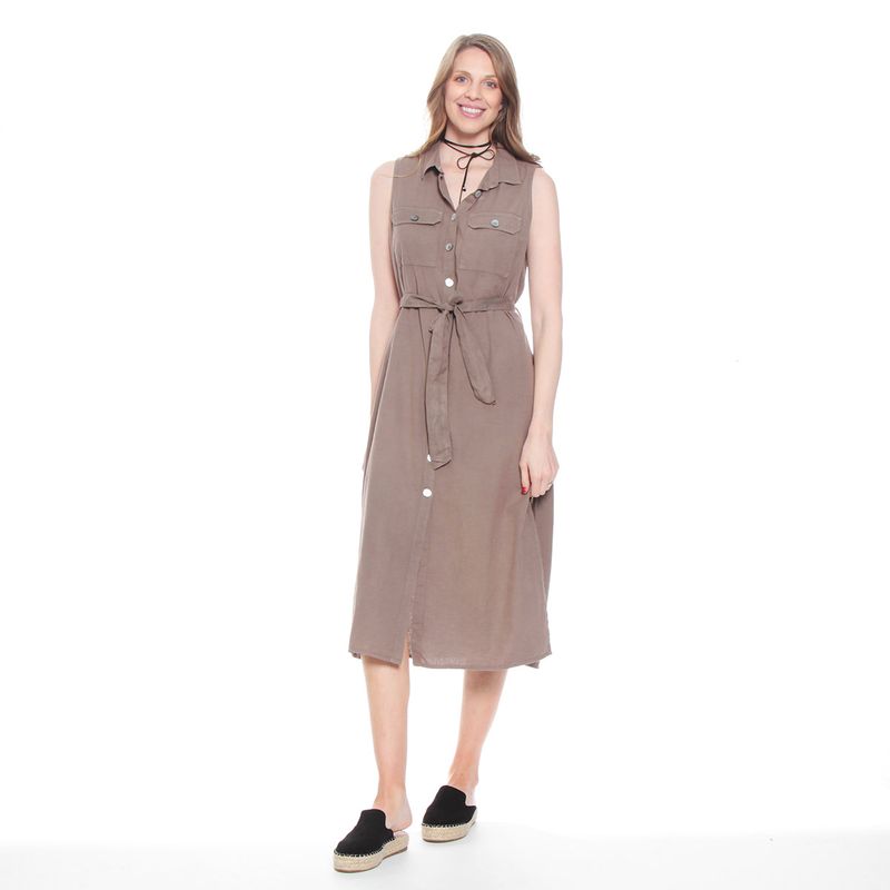 WADOS - VESTIDO SIN MANGA LINO ABOTONADO CON BOLSILLOS Y LAZO EN CINTURA