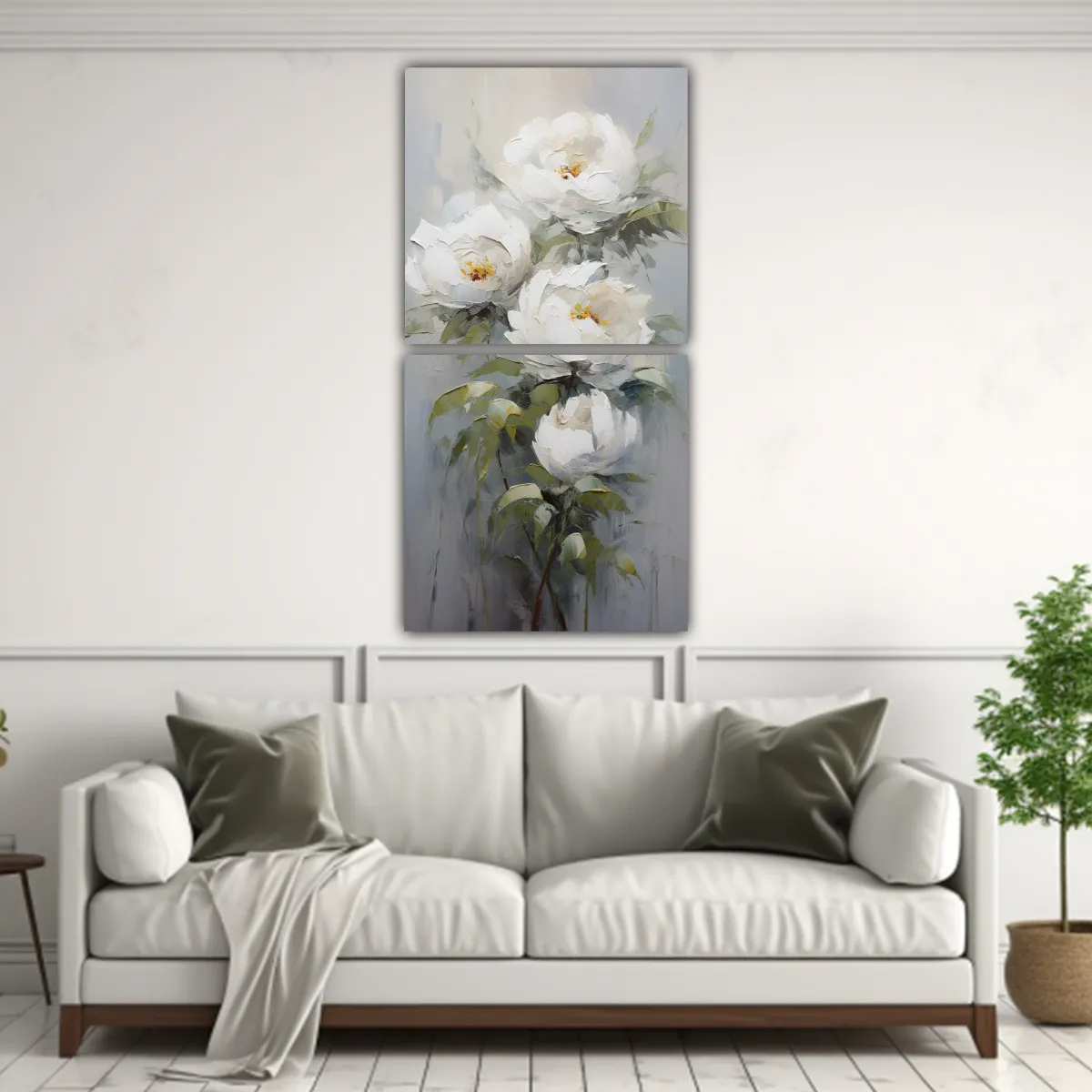 GENERICO - Cuadro Lienzo Blanco Estilo Galería Con Flores 40x80 Cm