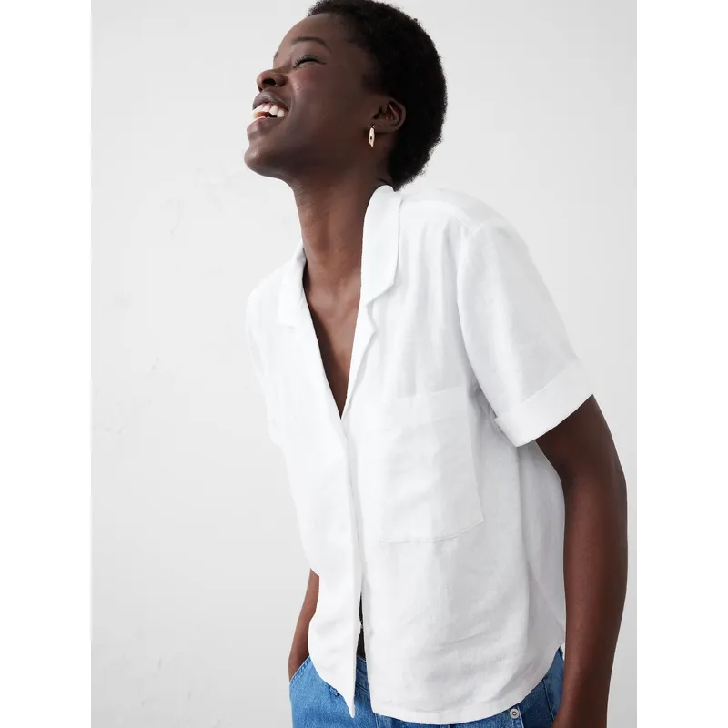 BANANA REPUBLIC - Blusa Mujer Cropped Lino Blanco Banana Republic