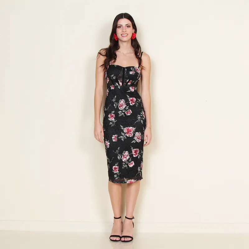 WADOS - VESTIDO SIN MANGA TIRANTES AJUSTABLE ESTAMPADO DETALLE CON ENCAJE
