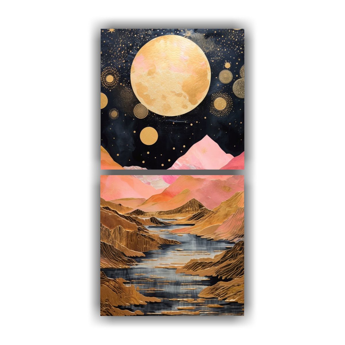 GENERICO - Pintura Con Luna Y Montañas Set 2 Artes 50x100 Cm