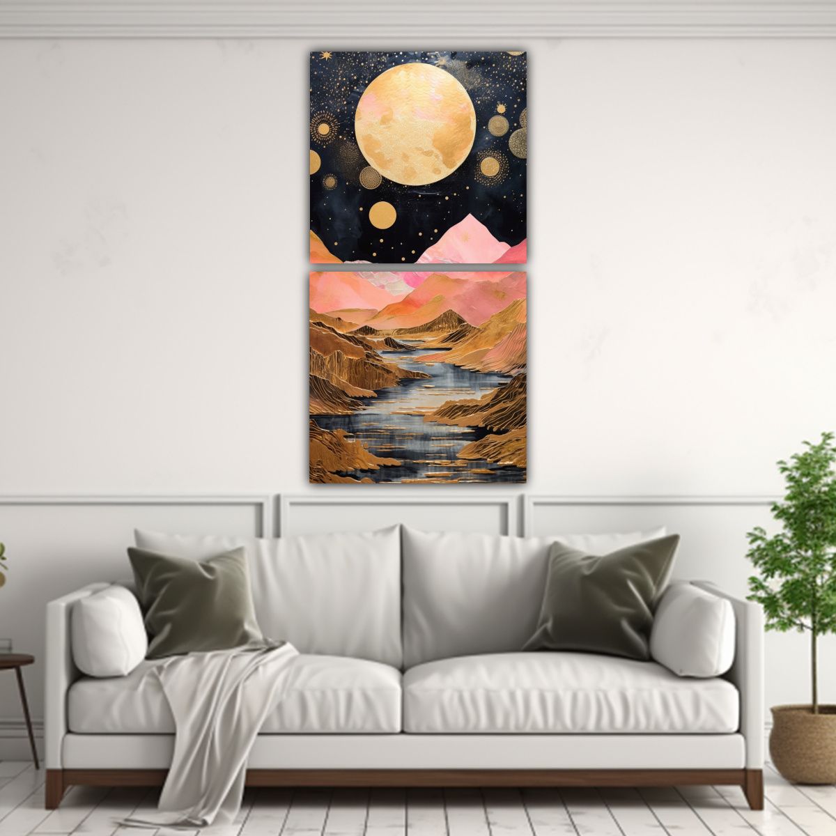 GENERICO - Pintura Con Luna Y Montañas Set 2 Artes 50x100 Cm