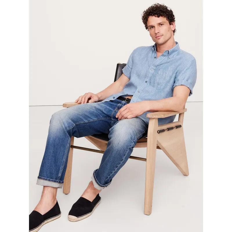 BANANA REPUBLIC - Camisa Hombre Manga Corta Lino Azul Banana Republic