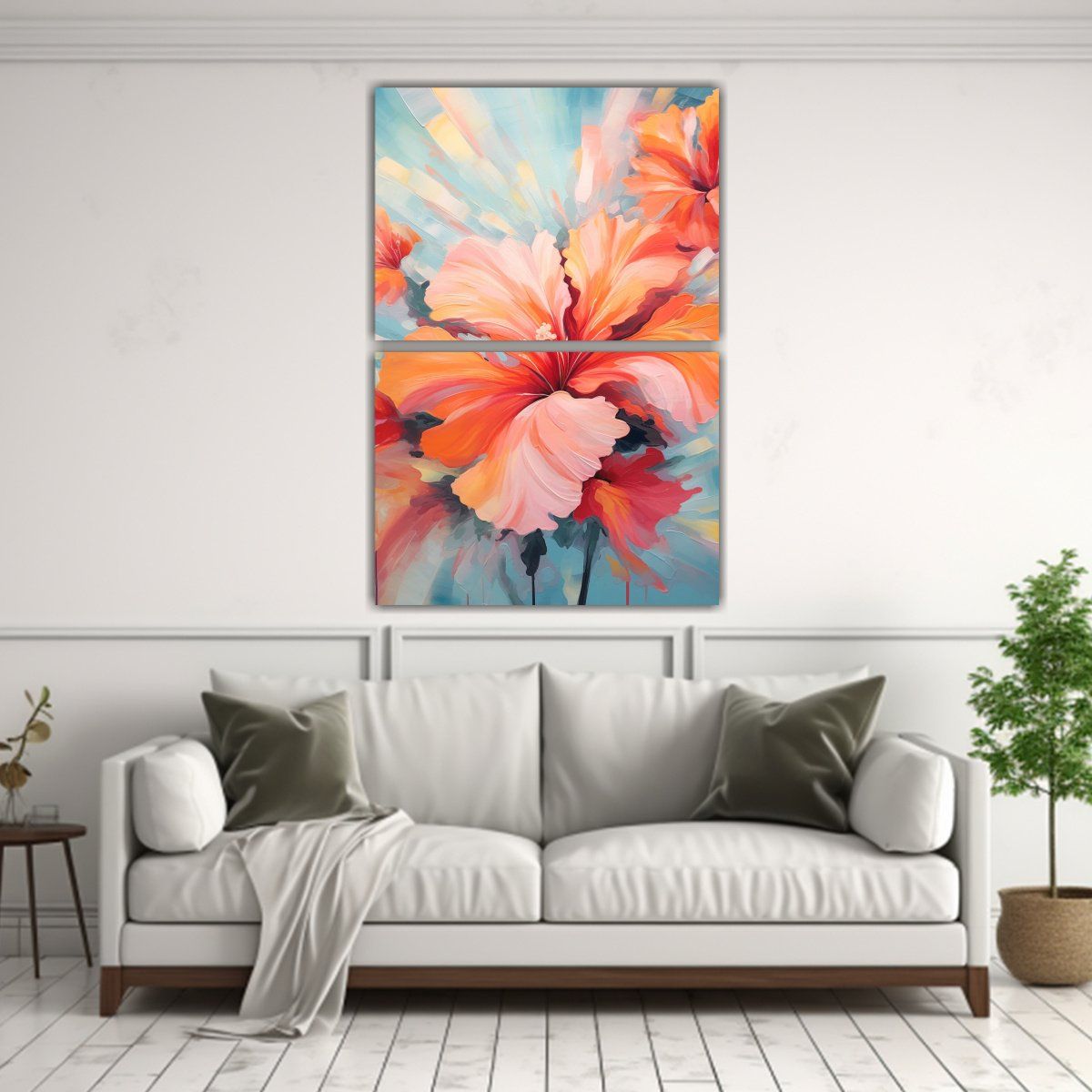 GENERICO - Pintura Abstracta De Hibiscos En Naranja Y Rosa 80x120 Cm