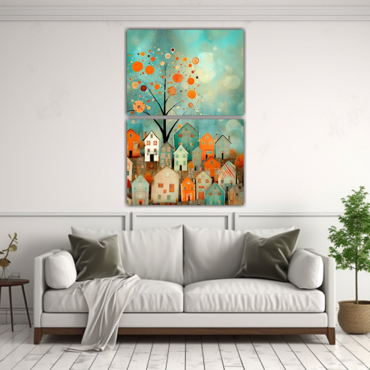 GENERICO - Lienzo Abstracto De Casas Y árbol En Colina 80x120 Cm