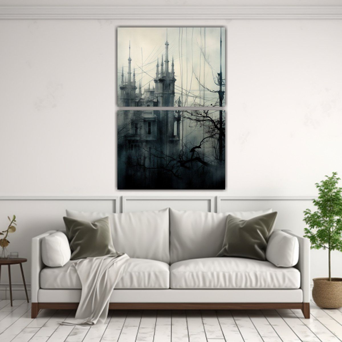 GENERICO - Pintura Abstracta De Skyline Con Ramas Y Cables 80x120 Cm