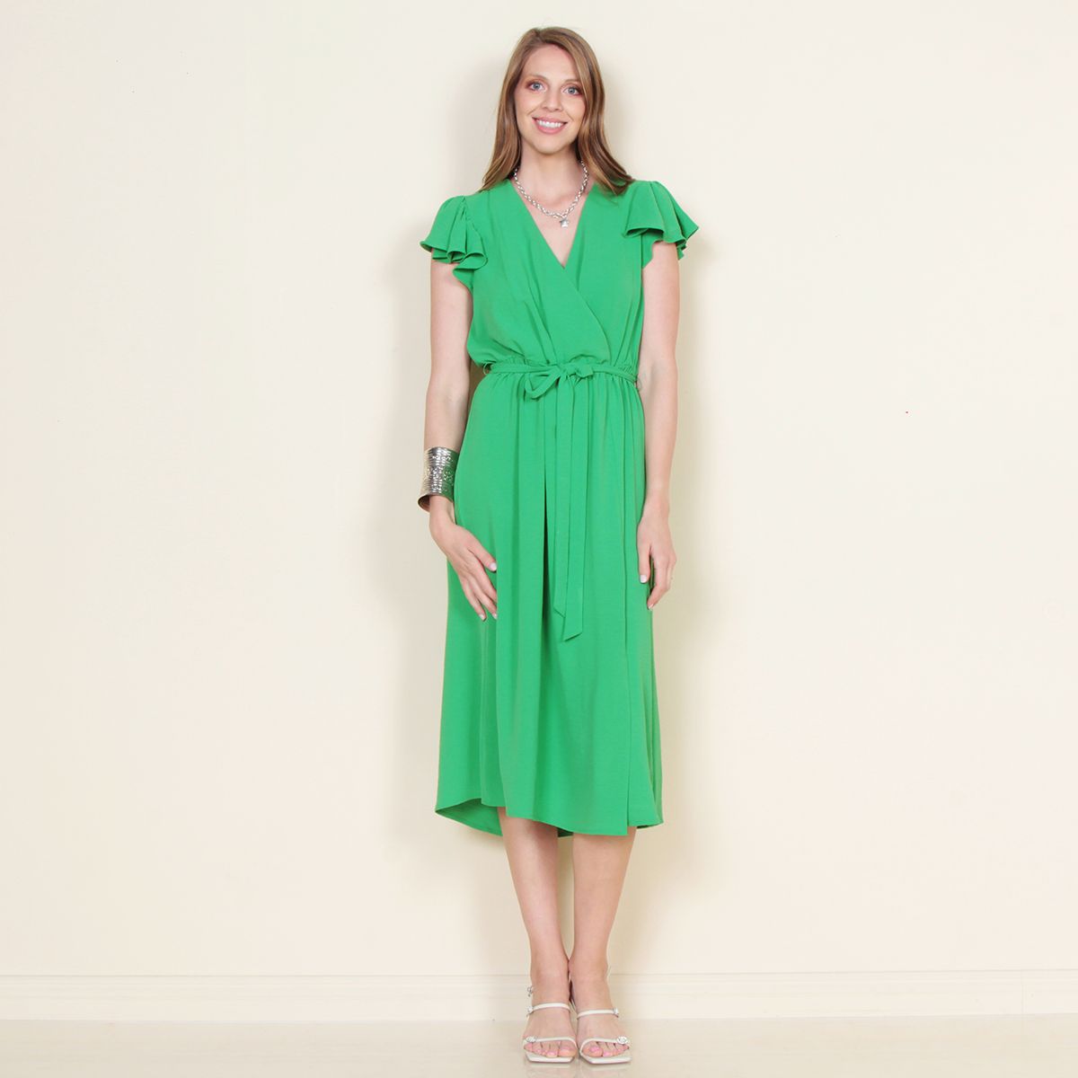 WADOS - VESTIDO MANGA CORTA SOLIDO CON LAZO EN CINTURA ESCOTE V