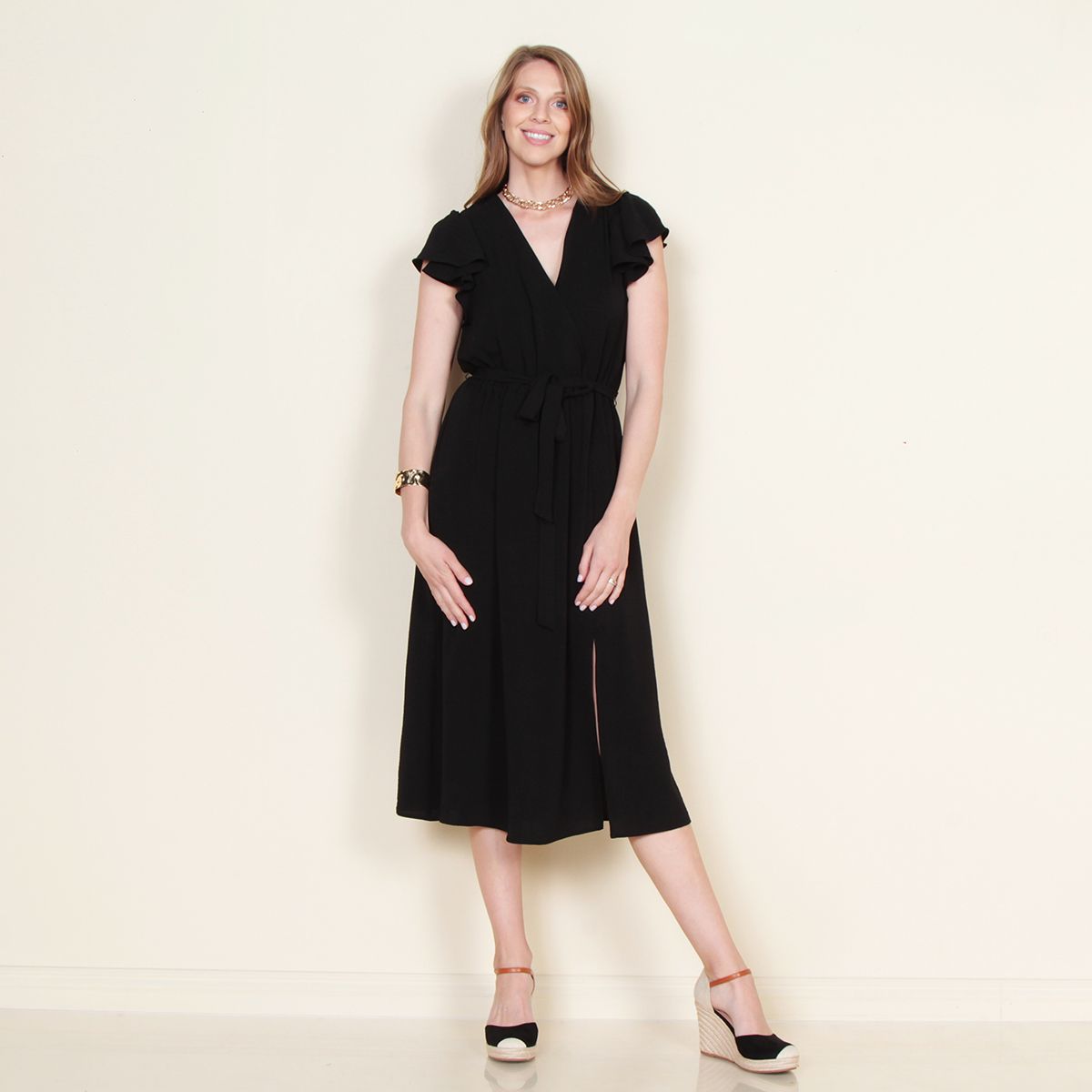 WADOS - VESTIDO MANGA CORTA SOLIDO CON LAZO EN CINTURA ESCOTE V