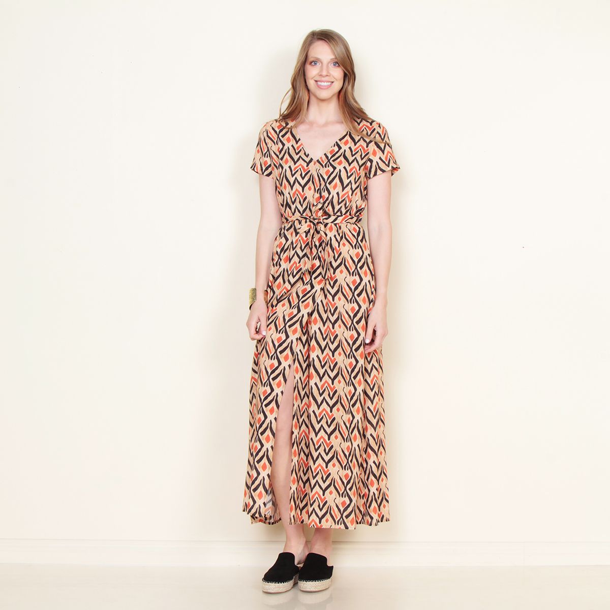 WADOS - VESTIDO MANGA CORTA ESTAMPADO ESCOTE V CON LAZO EN CINTURA