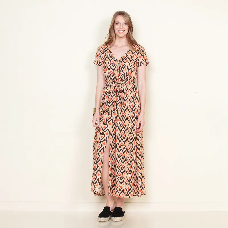WADOS - VESTIDO MANGA CORTA ESTAMPADO ESCOTE V CON LAZO EN CINTURA