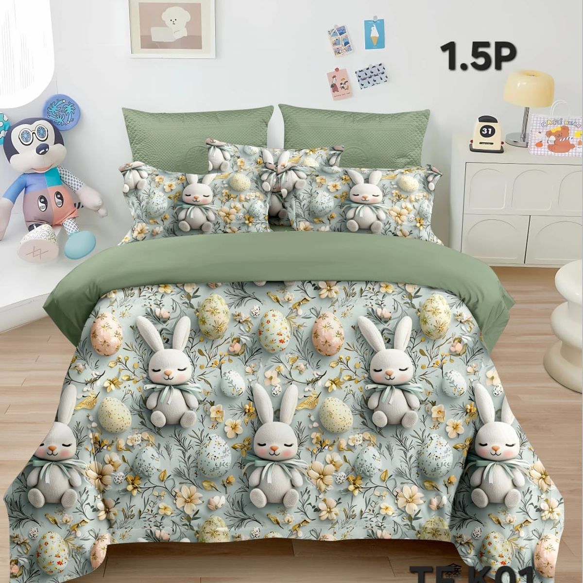 GENERICO - Cobertor Quilt de Verano 1,5 plaza - Diseño 5D Verde Conejitos