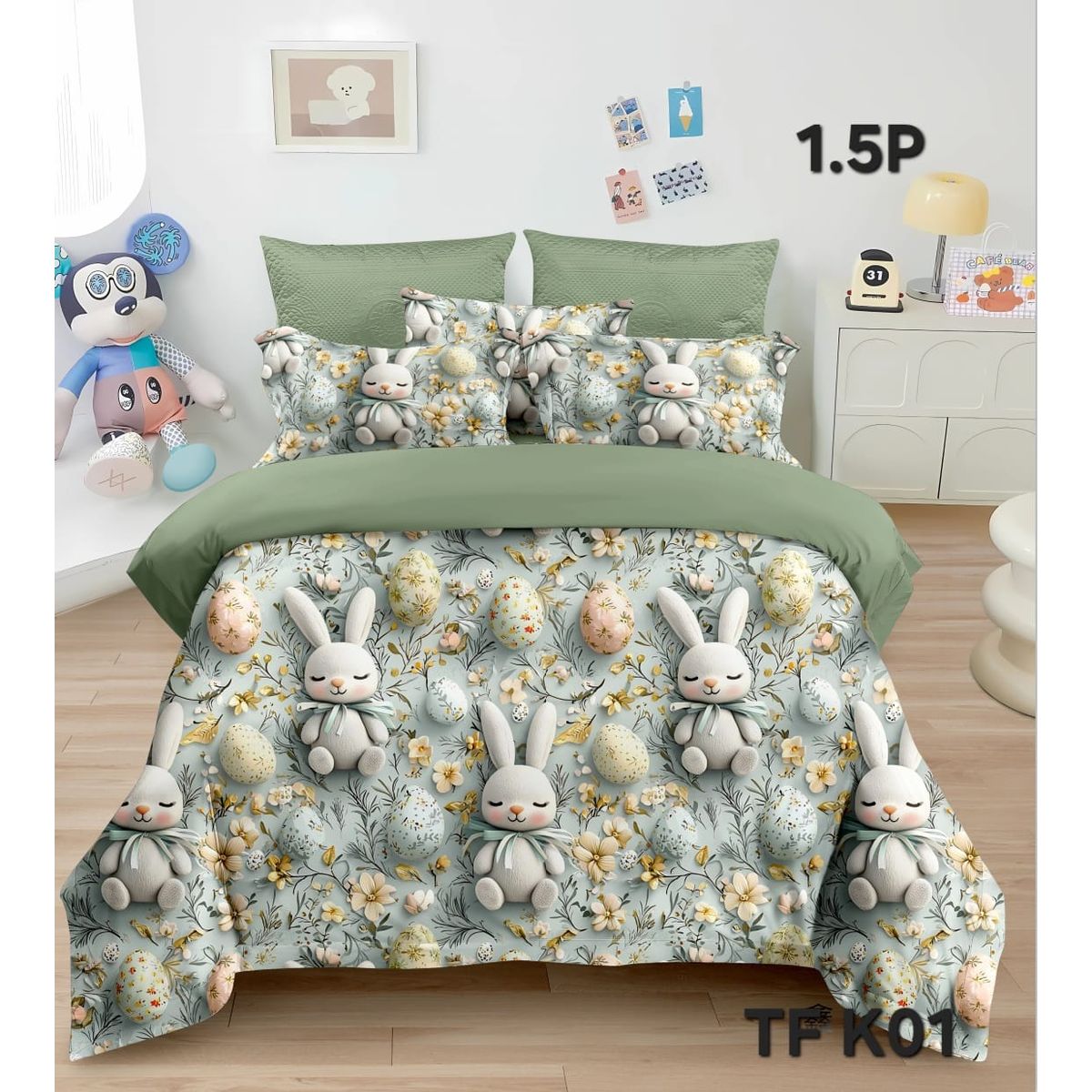 GENERICO - Cobertor Quilt de Verano 1,5 plaza - Diseño 5D Verde Conejitos