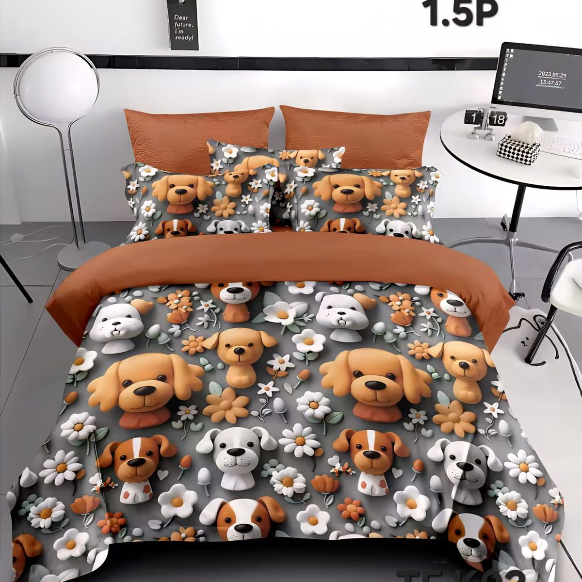 GENERICO - Cobertor Quilt de Verano 1,5 plaza - Diseño 5D Perrito Cafe