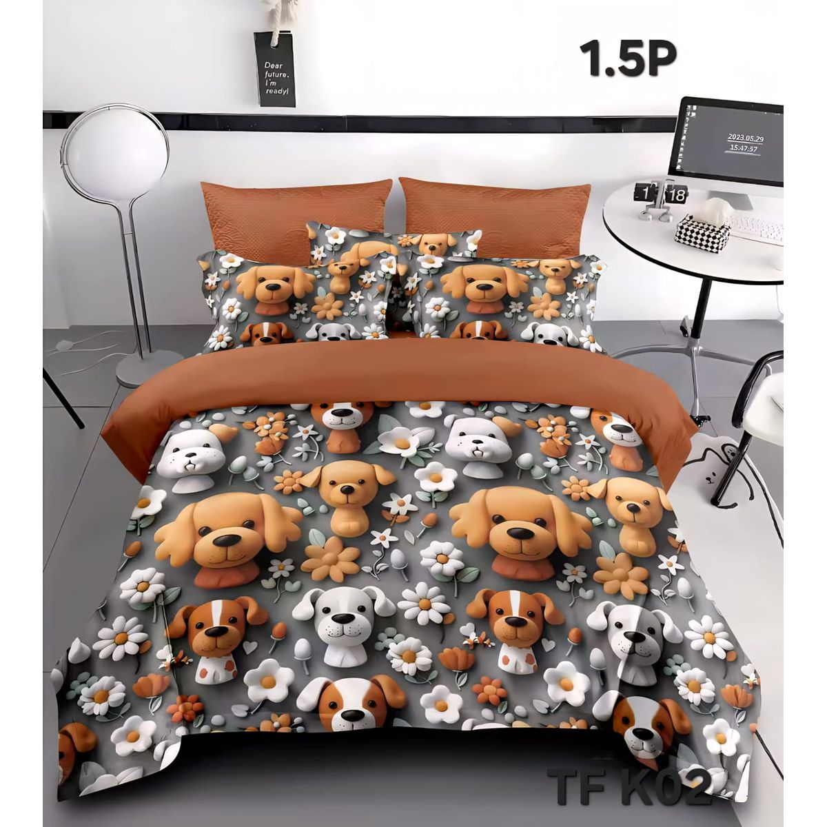 GENERICO - Cobertor Quilt de Verano 1,5 plaza - Diseño 5D Perrito Cafe