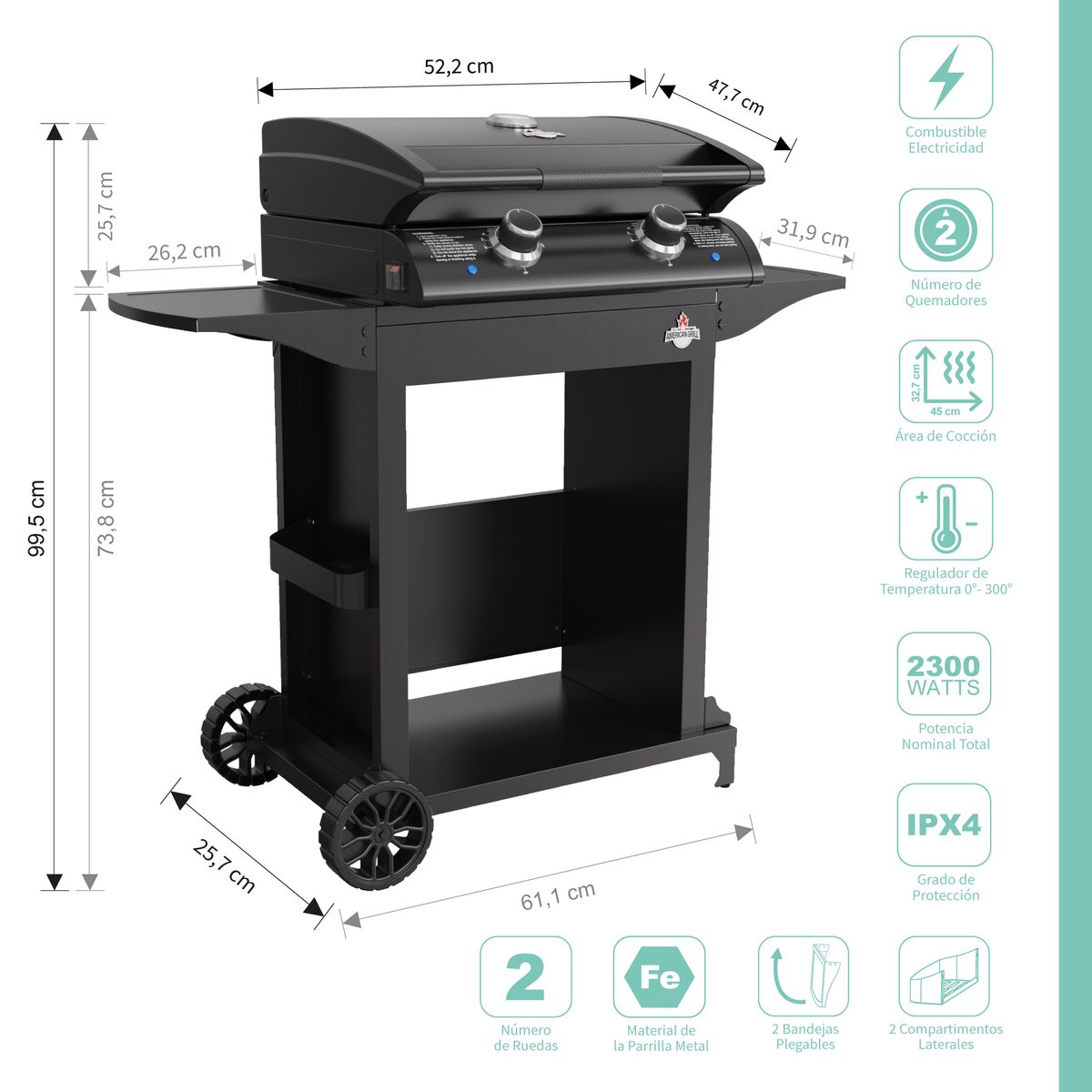 AMERICAN GRILL - Parrilla Exterior Electrica E2B Boston Black con Carro
