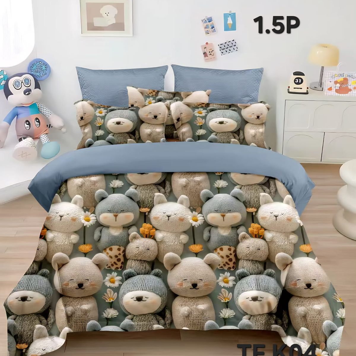 GENERICO - Cobertor Quilt de Verano 1,5 plaza - Diseño 5D Ositos Celeste