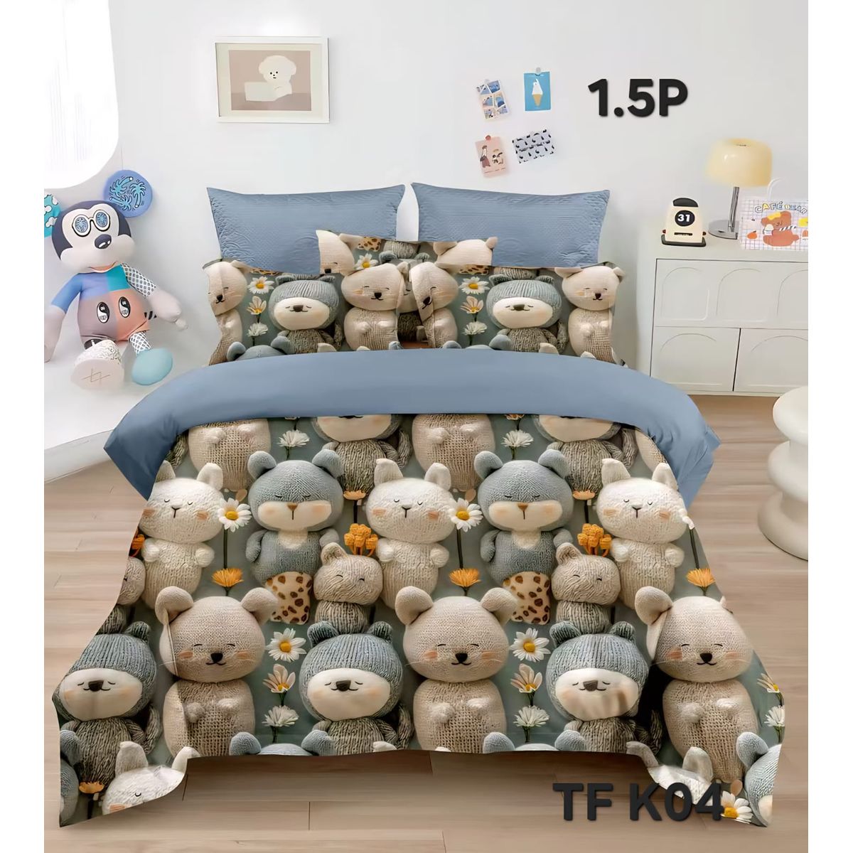 GENERICO - Cobertor Quilt de Verano 1,5 plaza - Diseño 5D Ositos Celeste