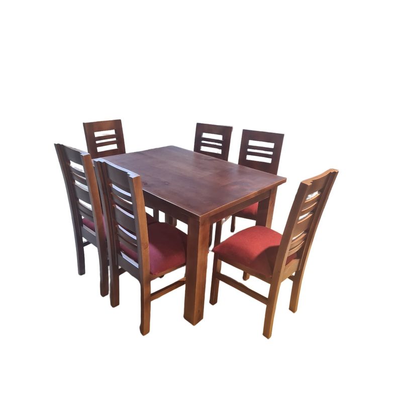 GENERICO - Comedor Volos Nogal  6 Sillas tapiz burdeo