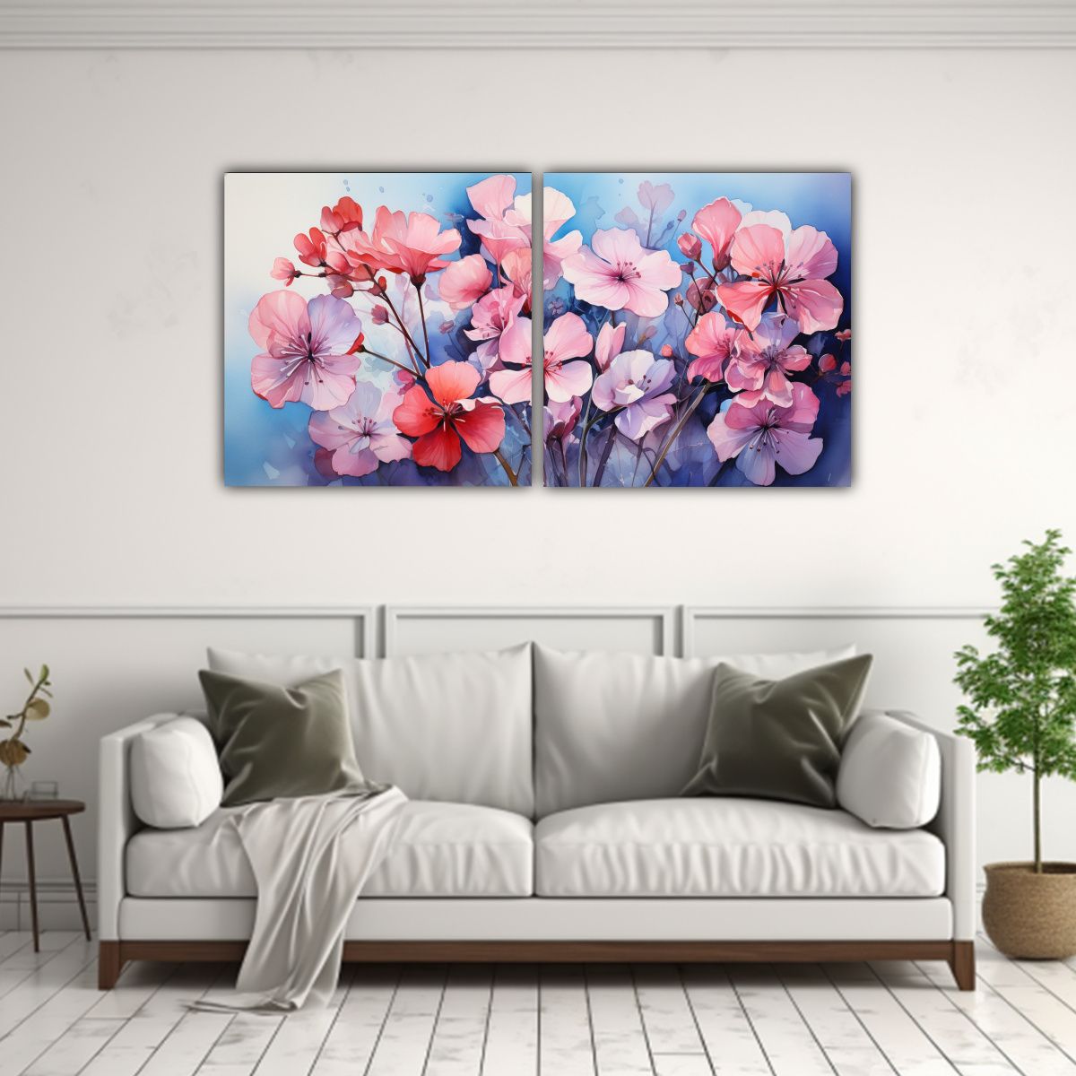 GENERICO - Diptico Decorativo Con Flores Geranios En Colores 140x70 Cm