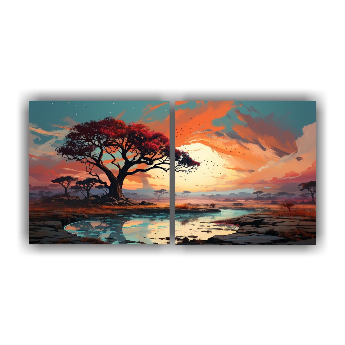GENERICO - Paisaje Abstracto Con árbol Rojo Y Turquesa En 140x70 Cm