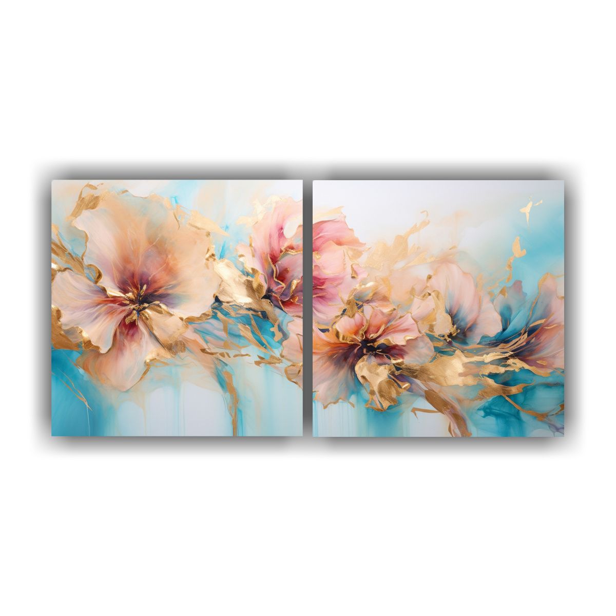 GENERICO - Cuadro Abstracto De Flores Turquesa Y Dorado 140x70 Cm
