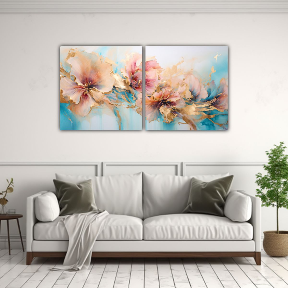 GENERICO - Cuadro Abstracto De Flores Turquesa Y Dorado 140x70 Cm