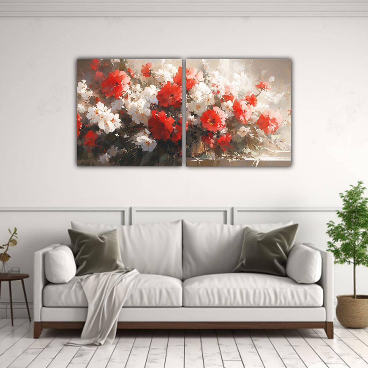 GENERICO - Flores Blancas Y Rojas En Lienzo Exclusivo Set 2 120x60 Cm