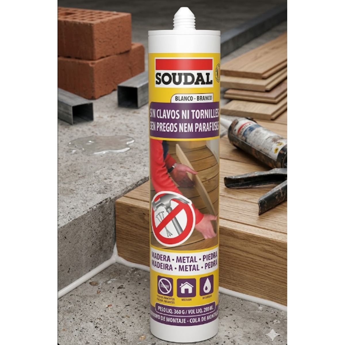 SOUDAL - Silicona Adhesivo De Montaje Blanco 280 Ml. Soudal (Sin clavos ni Tornillos)