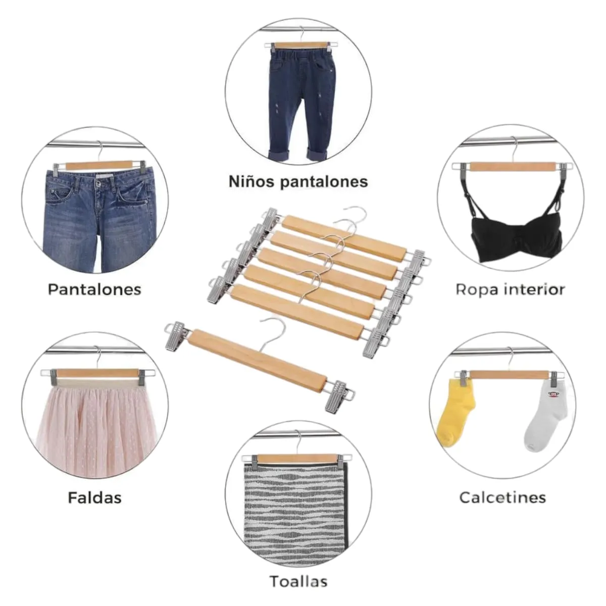 GENERICO - Pack 10 Colgadores de Madera con Pinzas para Niños 28cm Gms