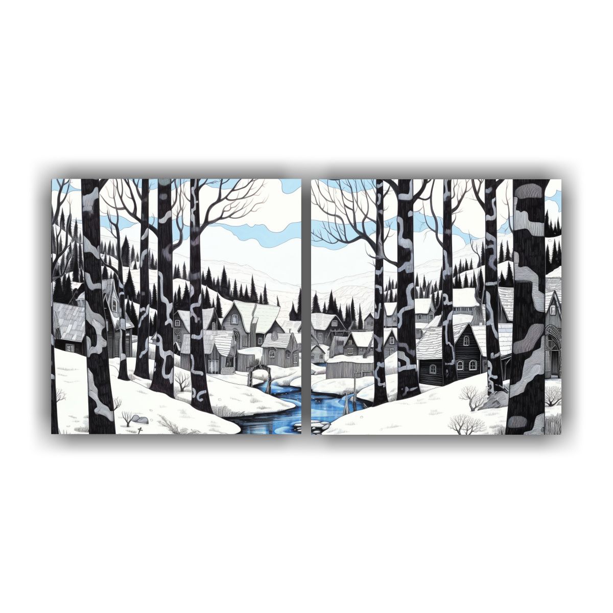 GENERICO - Cuadro De Decoración Line Drawing Bosque Nevado 120x60 Cm